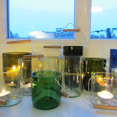 I was a bottle: Glas-Flaschen - Lampen und Leuchten, Laternen, Gläser, Vasen und Schalen aus Glas, Laternen: Laternen mit Henkel und Kerzen